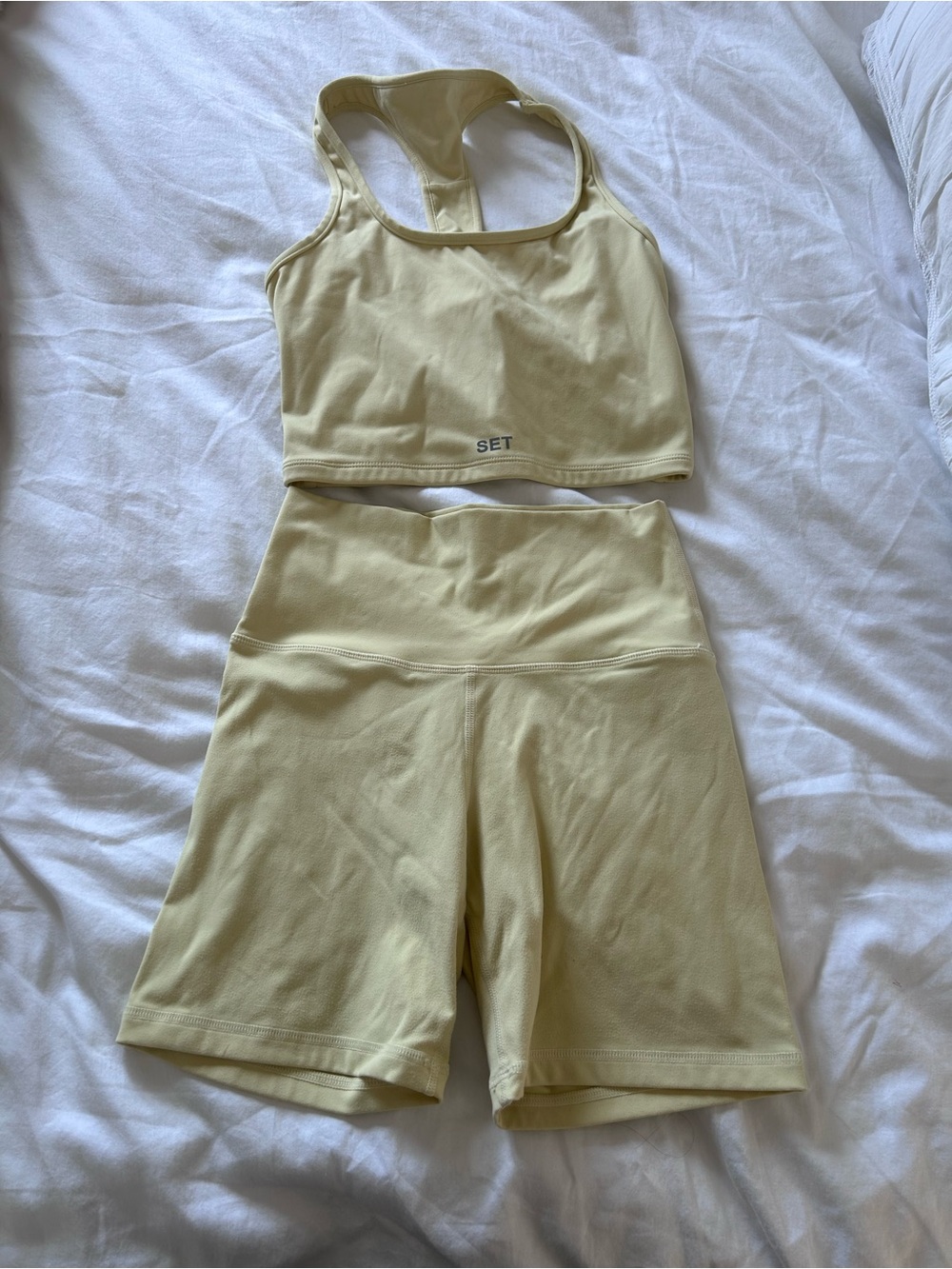 SET Active Pale Yellow Racerback Crop Sports Bra and Shorts